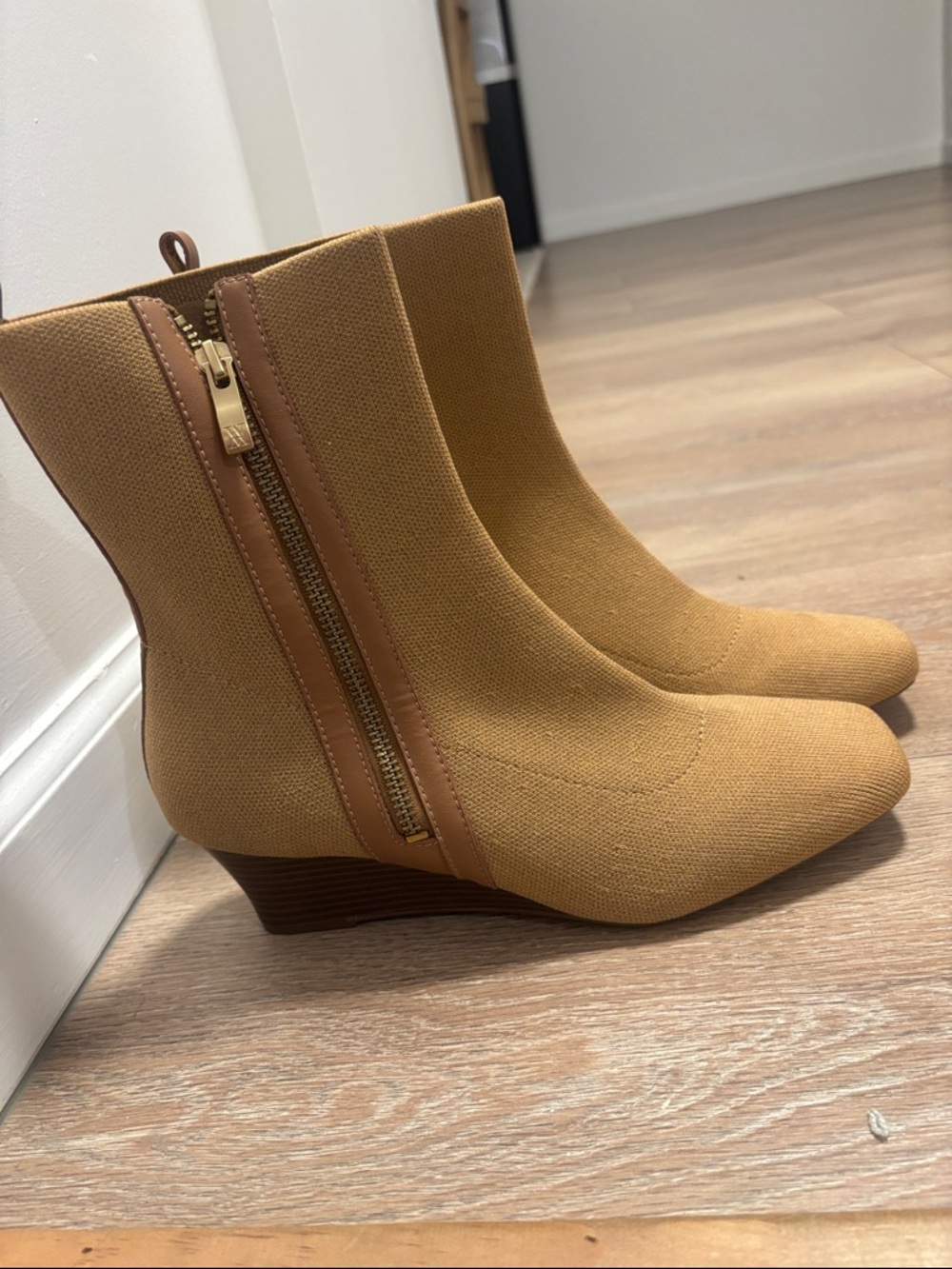 Knit Ankle Wedge Boots in Tan with Side Zip
